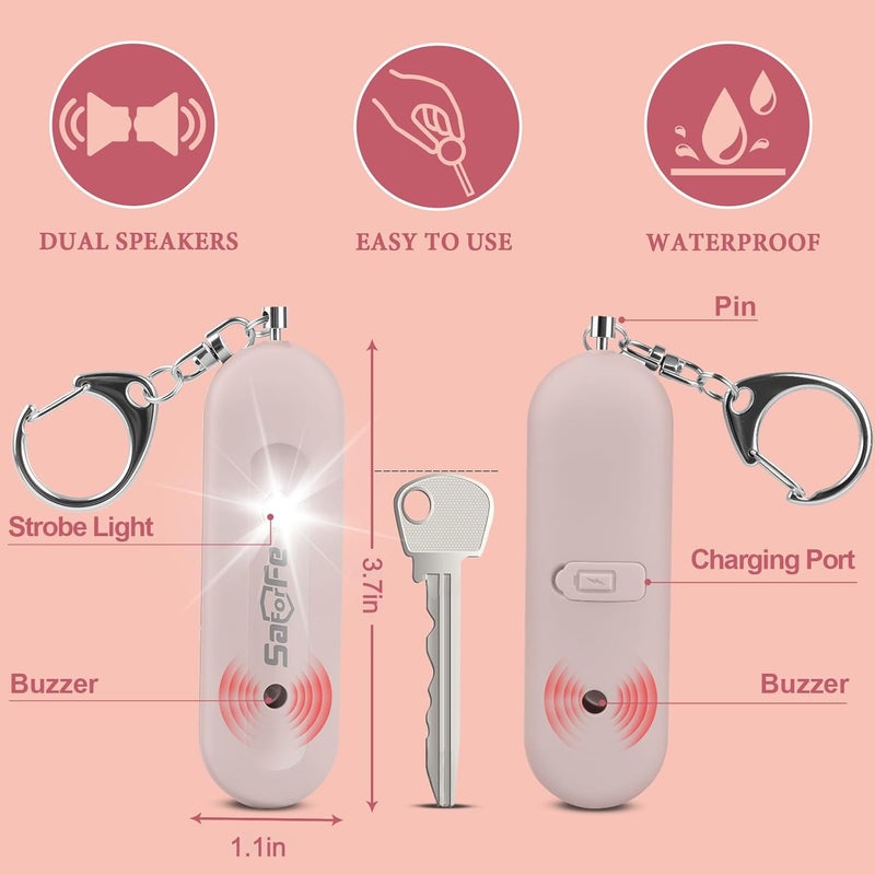 SaForFe Rechargeable Personal Safety Alarm for Women - 140dB Self-Defense Security Alarm Keychain with Strobe Light, Emergency Security Alert Devices for Women Girls Kids Elderly(Pink) - Image 3